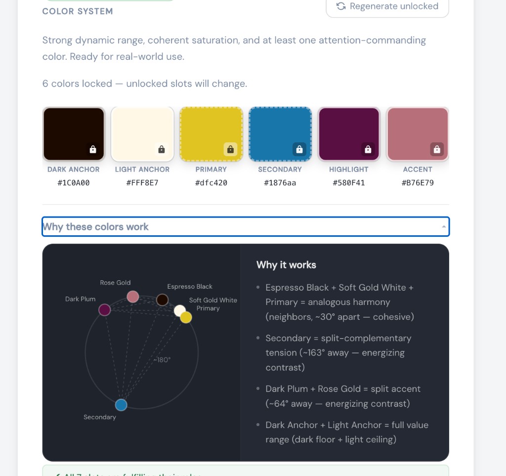 Color system with 7-swatch palette and color theory reasoning