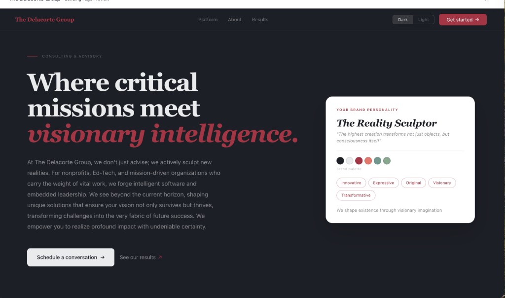 Sample landing page output from North Star